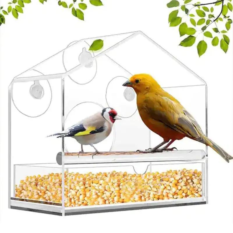 Comedero para pájaros, ventana transparente acrílica, bandeja para comedero de pájaros, casa para pájaros, comedero para mascotas, instalación con ventosa, alimentador tipo casa