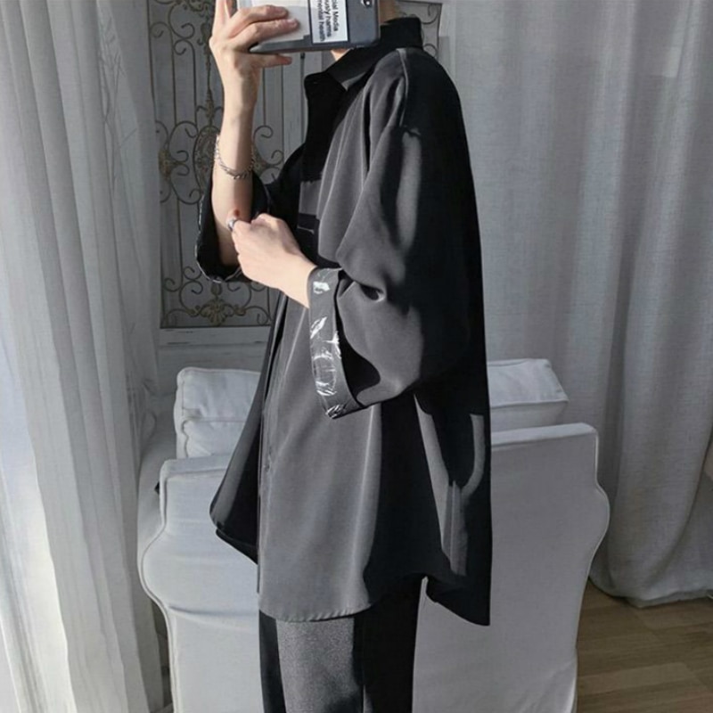Herre skjorter patchwork solid forår koreansk stil chic fritid oversize herre outwear blødt langærmet all-match teenagere ins trendy bf