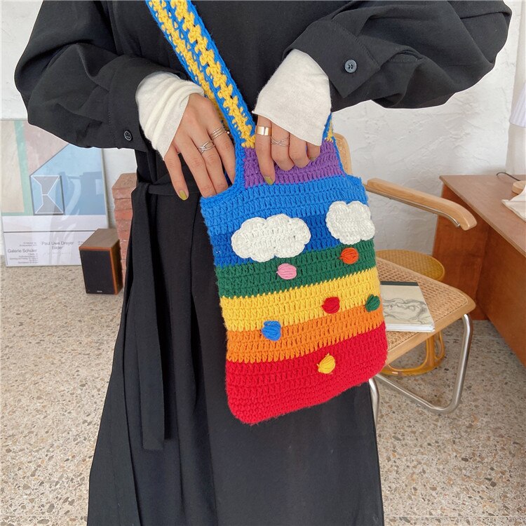 Tailândia arco-íris lona mensageiro saco de lã tricô tote bags para menina algodão pano bolsa de ombro feminino adorável estudante bolsa: Small