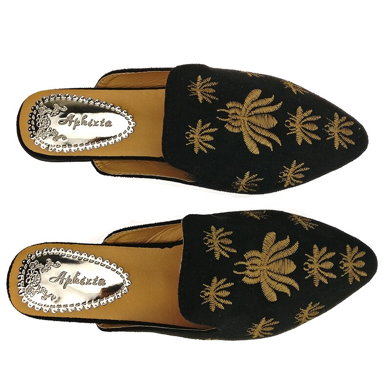 Aphixta femmes chaussures araignée pantoufles broderie peu profonde talon bas plat avec automne fleur Point orteil extérieur noir pantoufle