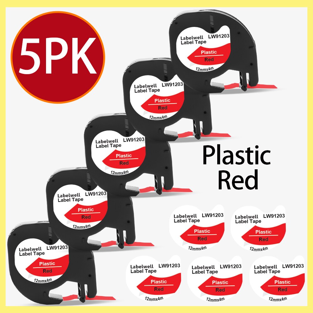 Labelwell 7PK 91202 91222 91332 plastikowa etykieta dla Dymo LT 12mm taśmy LT 91201 91200 91203 91204 12267 dla Dymo LetraTag LT-100H: 5PK 91203 Red
