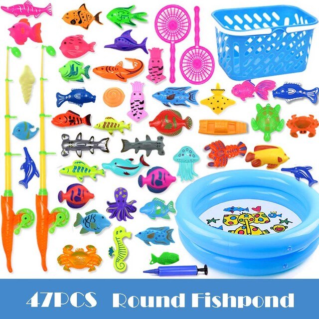 Juego de pesca con imanes para niños, juguetes de agua con imán de piscina inflable, caña de pescar, 15-68 piezas: 47pcs round pool
