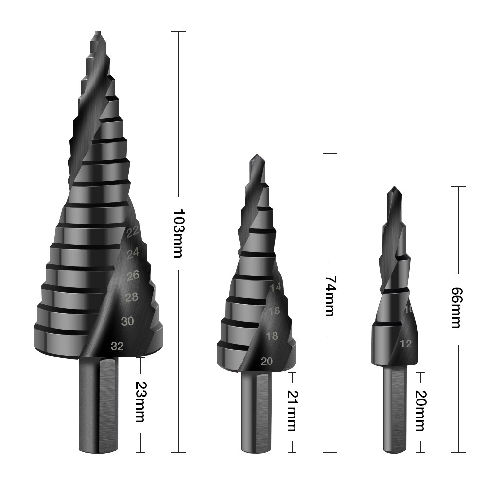 4-12/20/32mm Step Drill Bit Hss Cobalt Step Stepped Nitrogen Spiral Step Cone Metal Cutter Metal Cone Triangle Shank Hole Drill