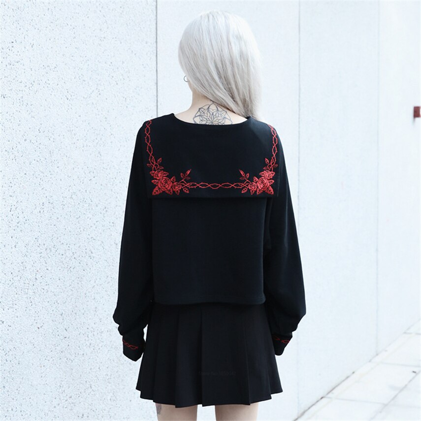 Gothic Girl High School Embroidery Uniforms Japan Version JK Short Tops Shirt Woman Long Sleeve Black Sailor Costumes