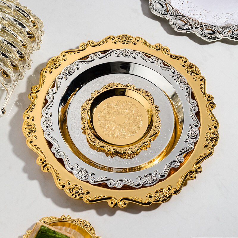 Gold and silver embossed high cake plate 24cm electroplating luxury breakfast plate gourmet snack photo props plate