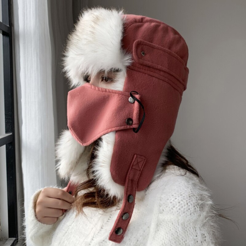 HT2876-Sombrero ruso grueso y cálido para mujer, gorro de invierno con solapa de oreja, gorra de esquí de nieve, máscara femenina Ushanka, sombrero de piel, sombrero de Bombardero: Solid Burgundy
