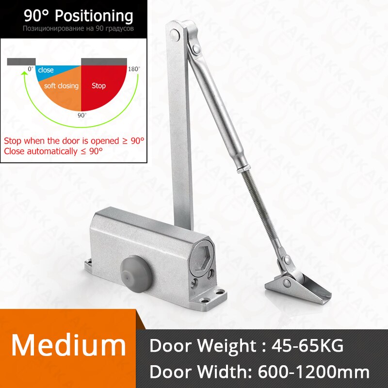 KAK Automatic Door Closer 2 Spring Hydraulic Buffer Adjustable Door Stopper Speed Mute Closing For 25 to 80KG Door Hardware: Positioning Silver M