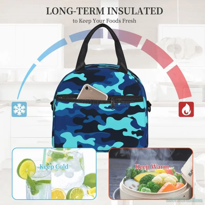 Blue Camo Camouflage Pattern Insulated Lunch Bag Reusable Thermal Leakproof Cooler Bento Tote Bags for Work School Travel Picnic