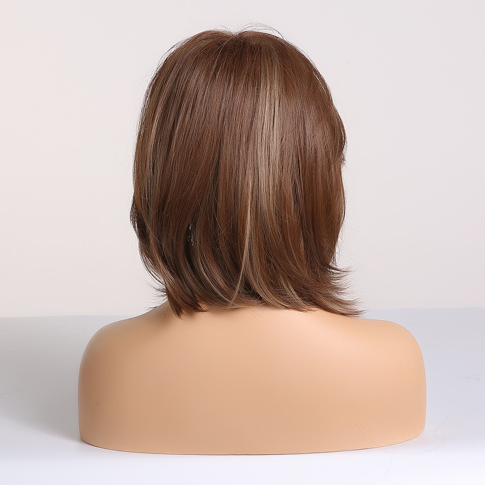 ALAN EATON Synthetic Hair Lady Short Wavy Wigs for Women Mix Brown Blonde Ash Wigs with Side Bangs High Temperature Fiber