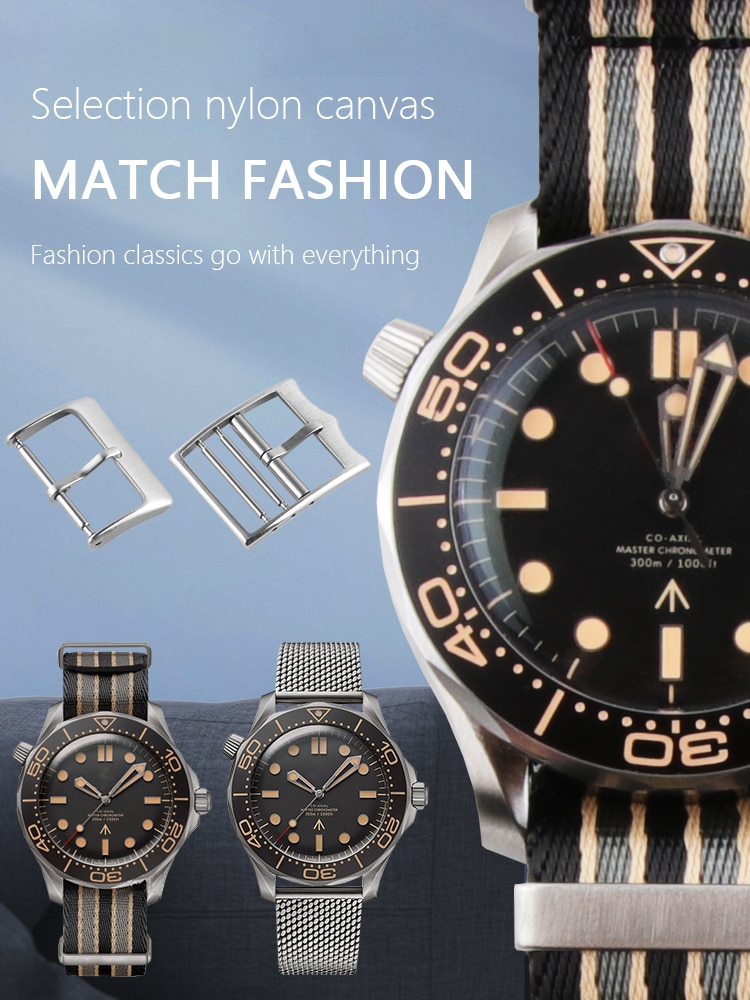 Lærredstribet nylon urbånd nato rem 20mm til omega 007 sea master nato "no time to die" armbånd pin buckletools