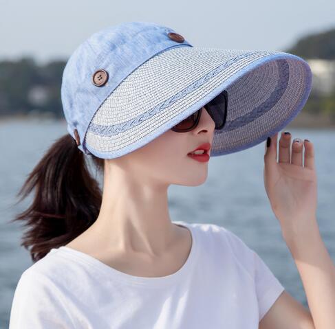 Solhatte kvinder stor bred skygge floppy sommer strand solhat kasket knap stråhat sommerhatte til kvinder anti-uv visir: Farve 4