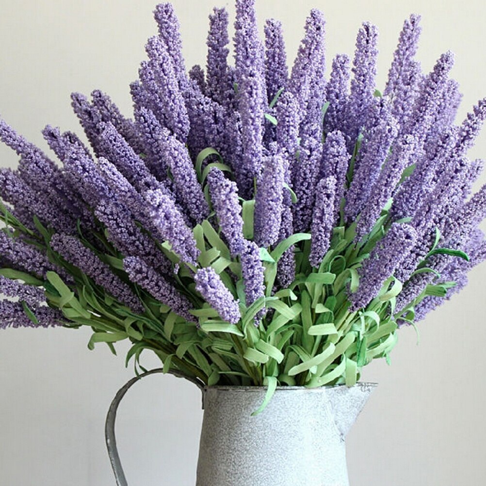 12 hoveder / buket romantisk provence kunstig blomst lilla lavendelbuket med grønne blade til dekorationer til hjemmefest: Lys lilla