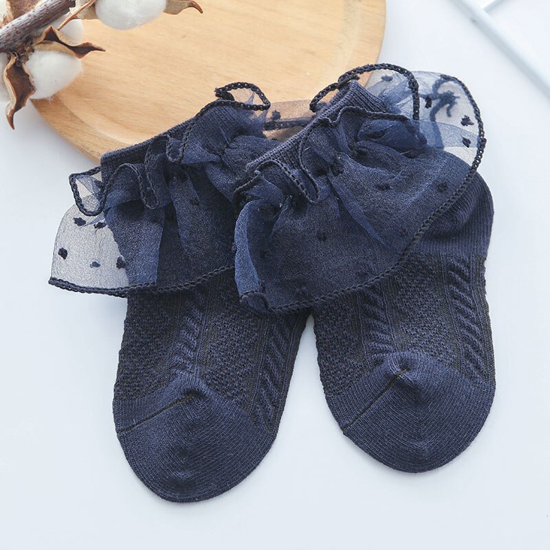 Cotton Baby Girl Socks Lace Summer Breathable Infant Baby Girl Short Socks Princess Soft Floor Socks Sokken Skarpetki: dark blue