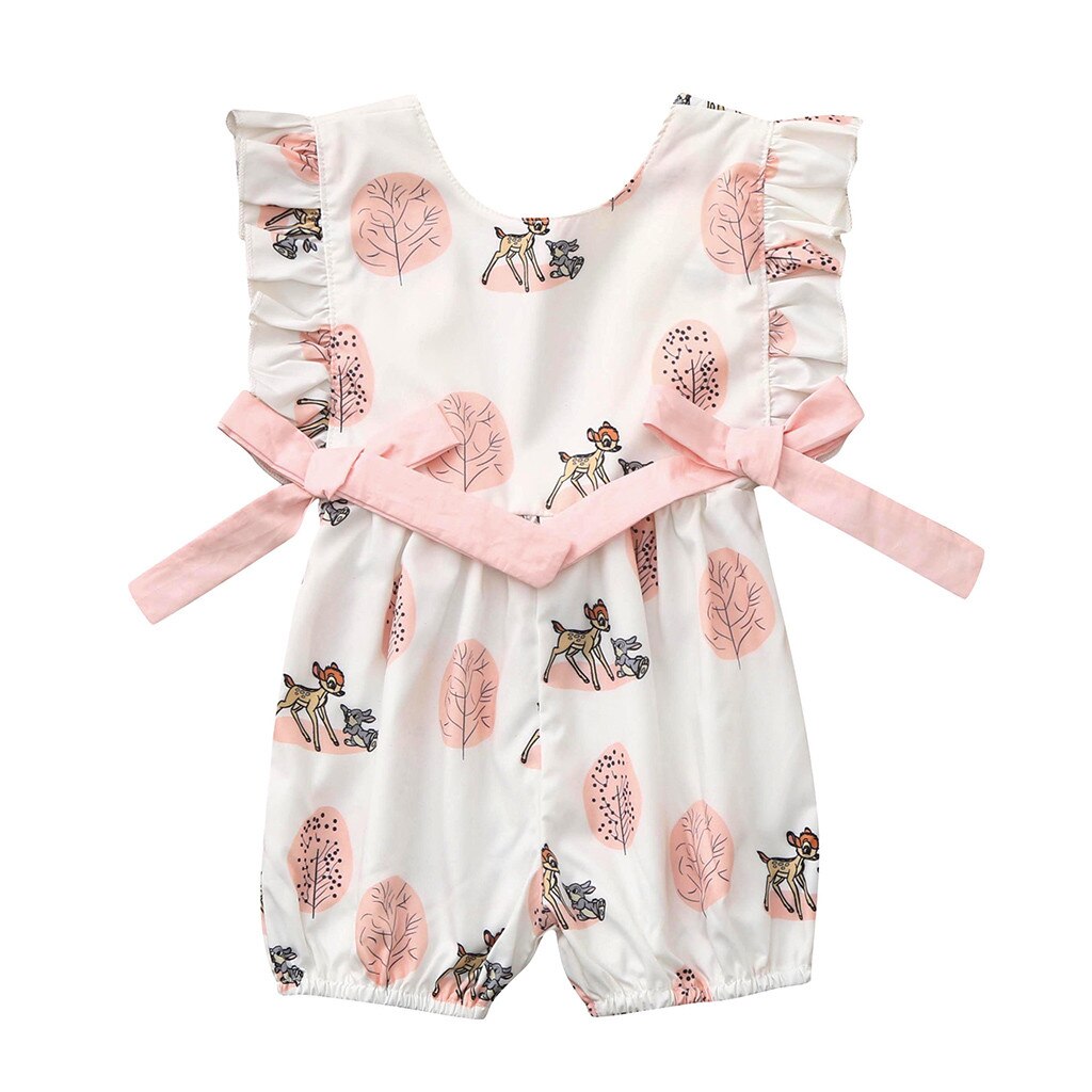 Baby Bodysuit Ruffle Mouwen Bow Cartoon Herten Print Jumpsuit Outfits Zomer Peuter Baby Baby Meisje Jongen Pasgeboren Kleding Jumpsuit: 12m