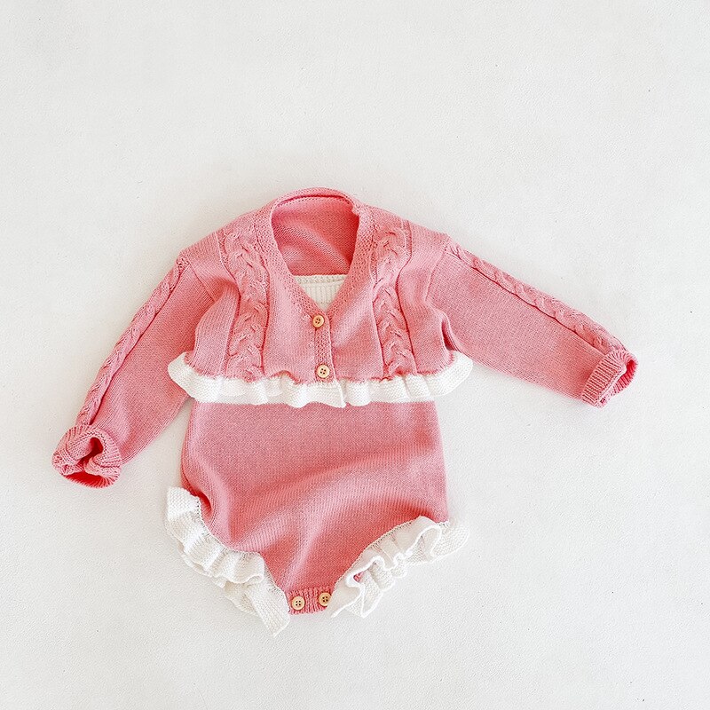 Herbst Baby Mädchen Kleidung Set Mädchen Kurze Strickjacke Mantel Und Baby Mädchen Gestrickte Rüschen Body Overall Mädchen Pullover Anzug