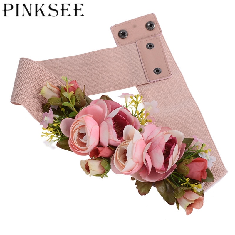 Pinksee charme rose blomst syntetisk stof elastisk stræk kjole smalt taljebæltebånd til kvinder tilbehør til klud
