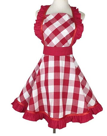 retro fartuchy dla kobiet, klasyczna falbaną na boku pled fartuch kuchenny robić domowego przedszkola kuchennego: Czerwony