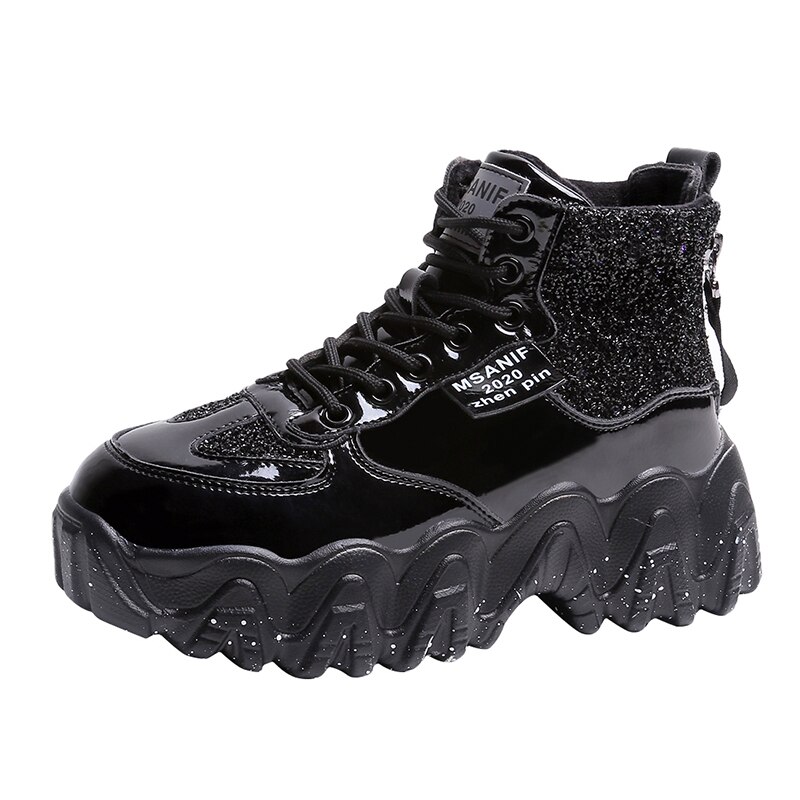 Baskets en tissu pailleté pour femmes, montantes rouges, chaussures de loisirs respirantes à semelle épaisse, printemps , chaussures à semelles compensées: Black / 9