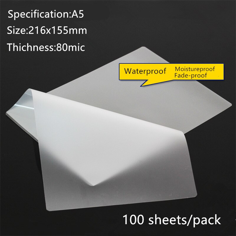 Film plastique laminé thermique en PET 80mic A5, 100x216mm, 155 feuilles/paquet, pour la protection des Photos/documents/cartes/images