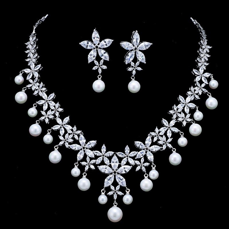 AMC Luxury Star Pearl Pendant Necklace and orecchini Set zircone da sposa accessori da sposa cena per feste Set di gioielli regalo per donna: Default Title
