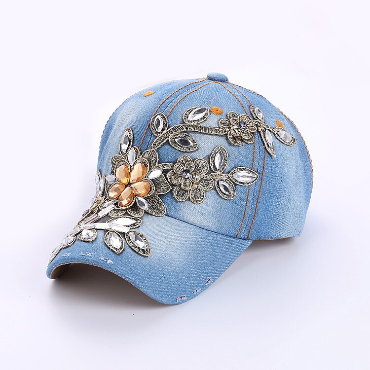 verano mujeres delicadas diamante gorra de béisbol flor Snapback estilo señora Jeans sombreros