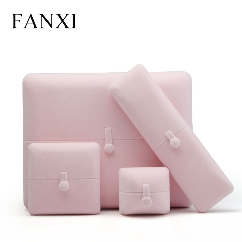 FANXI Rosa Samt Schmuck Kasten Ring Anhänger Halskette Armreif Lange Kette Anzeige Lagerung Kasten Verpackung Hochzeit Party Schaufenster