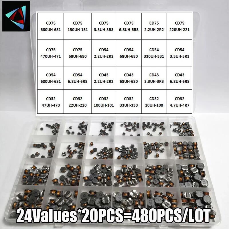 480PCS CD43 CD54 CD75 24Value Power Inductance Shielded Inductor SMD 2.2/3.3/4.7/6.8/10/15/22/33/47/68/100/150/220/330-680UH