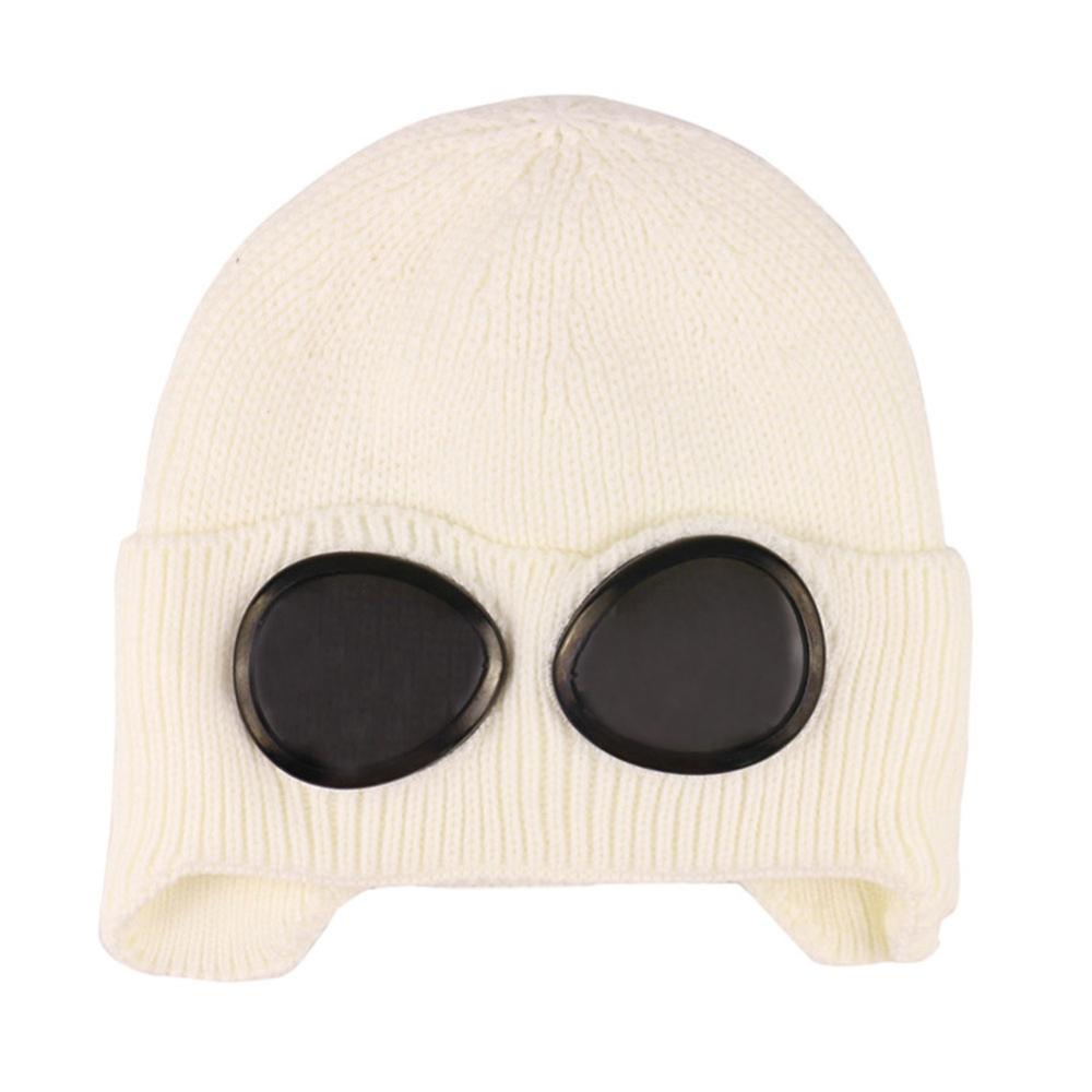 1PC Bunte Winter warm Mütze mit Brille draussen-Sport Gestrickte Kappe Einfarbig Zubehör: Weiß
