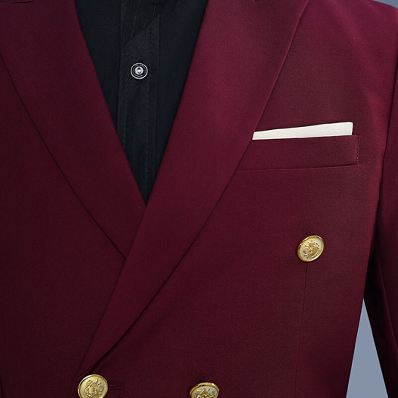 Men's Business Casual Suit Golden Double-Breasted Lapel Wine Red Slim Suit Two Piece Set (Jacket+Pants) Banquet Party Set