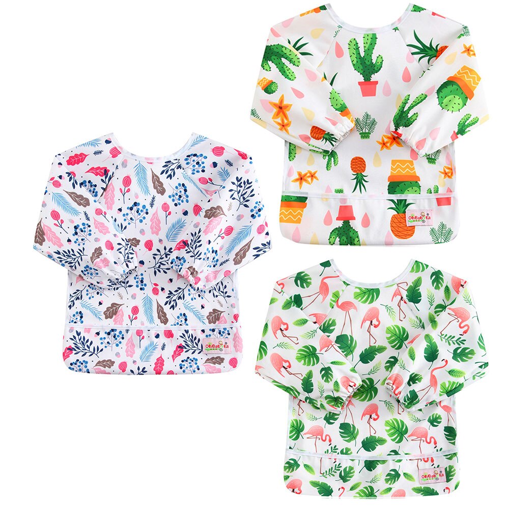 Ohbabyka bolsillo Baberos para comer bebé ducha impermeable manga larga alimentación de Bebé Ropa Unisex para niños 6-24Month 3 unids/pack