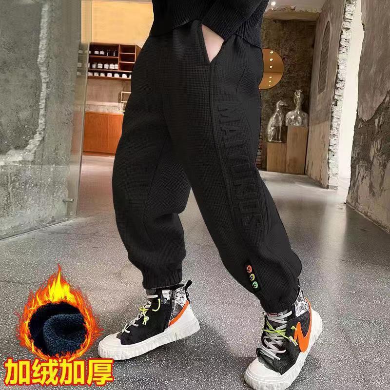 Pantalones de lana para niños de 3 a 14 años, mallas gruesas y cálidas de terciopelo con letras bordadas, ropa de otoño