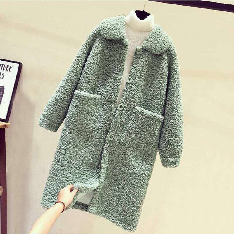 Faux Lamb Wool Warm Winter Coat Women Long Jackets Solid Turn-down Collar Single Breasted Pockets Korean Loose: green / XL