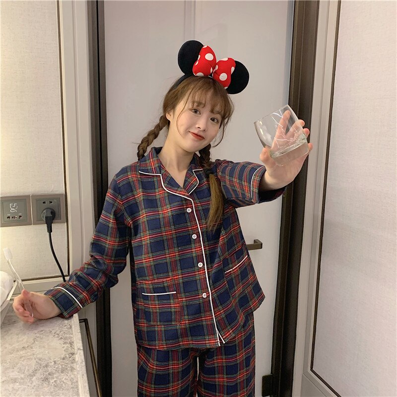 women’s korean pajamas plaid pajama sets simple homesuit loose cotton ladies two-piece long sleeve spring autumn nightwear L020