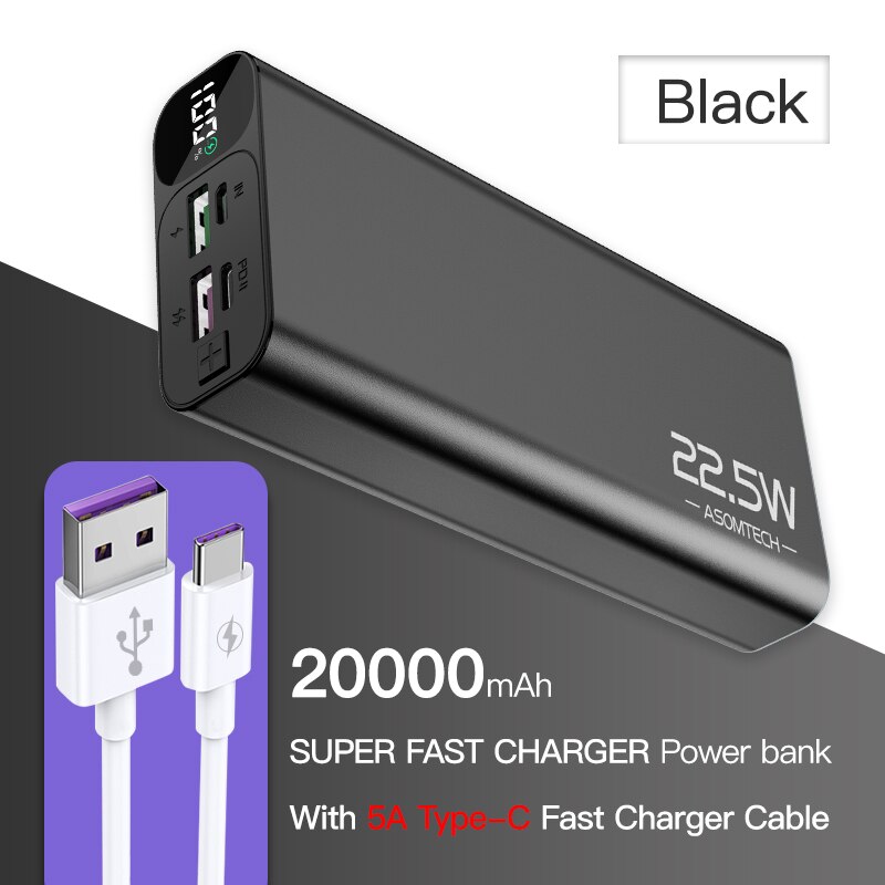 TOPZERO 20000mAh Power Bank PD QC 3.0 VOOC 22.5W Super Fast Charger Digital Display Portable Charger Powerbank For Mobile Phones: Black with 5A Cable