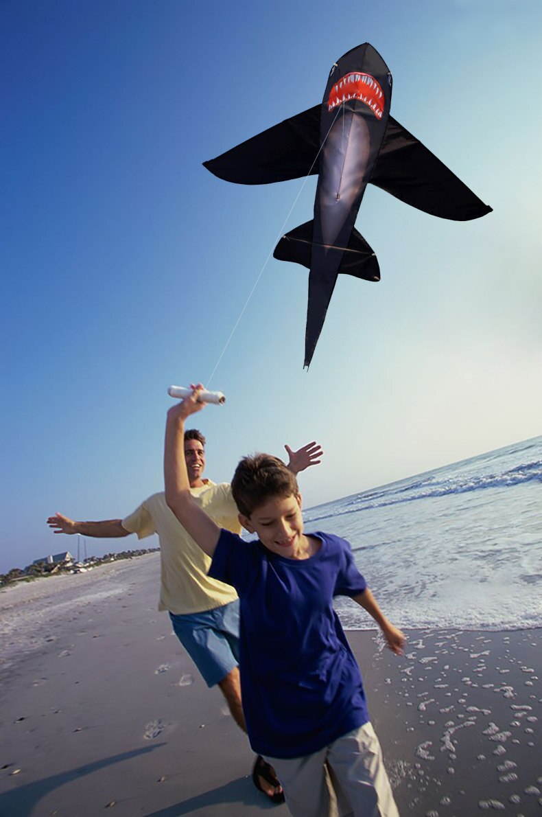 Cerf-volant de requin noir robuste, longue queue colorée, énorme kit pour débutant, pour enfants et adultes, livré avec ficelle et poignée