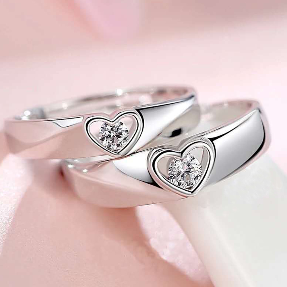 2 Stks/set Verstelbare Hartvormige Verzilverd Zirconia Crystal Liefde Paar Ring Mannen Vrouwen Paar Romantische Bruiloft Ring
