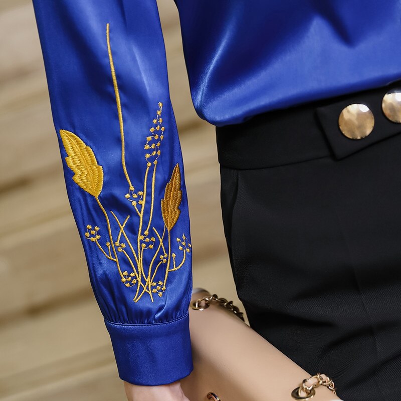 Blå chiffon skjorte kvinder forår broderede langærmede slanke bluser kontor damer arbejdstoppe