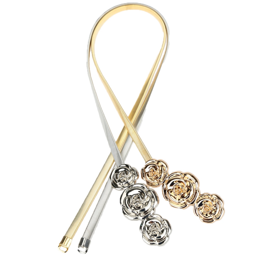schick Frauen Metall Gürtel Rose Verschluss Vorne strecken Frühling Taille Gurt Elastische Bund Gürtel Für Kleid Bluse Gold/ silber