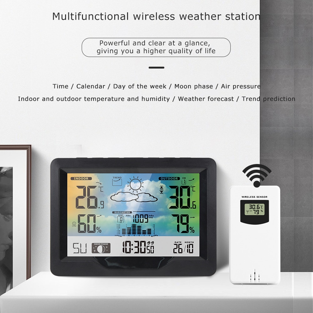 Digital LCD Alarm Wall Clock Weather Station Battery Indoor Outdoor Temperature Humidity Pressure Wind Weather Forecast