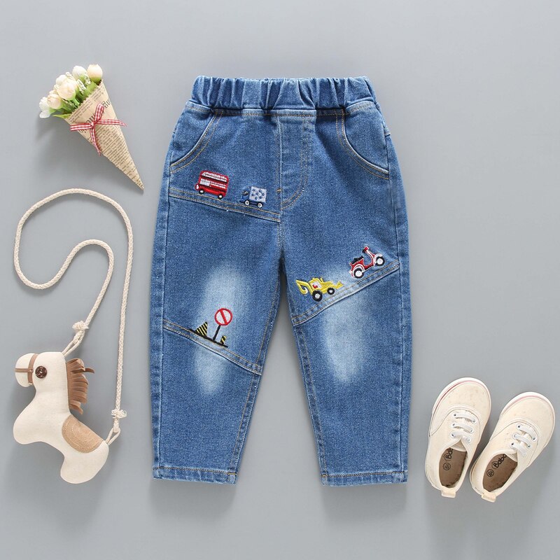 Ienens 2-6y calças de brim dos desenhos animados menino calças de brim primavera outono crianças casuais calças compridas calças finas roupas criança: 6-7T
