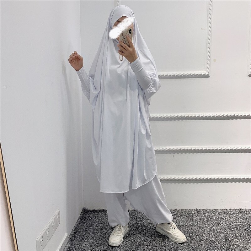 2 sztuka zestaw modlitwa odzież pełna pokrywa sukienka Abaya Eid Ramadan muzułmański islamski długi Khimar Jilbab szaty kobiety workowate spodnie haremki: White