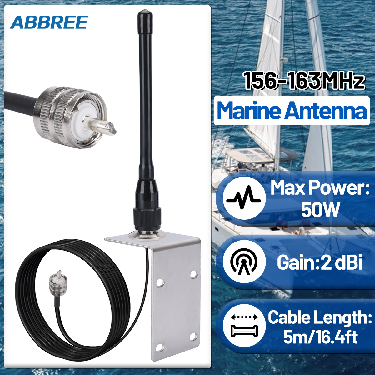 Abbree maritieme radioantenne met hoge versterking pl -259 mhz 156-163 waterdicht, voor golfkarretjes, atv's, utv's, vrachtwagens, graafmachines, tractoren, campers, jachten en boten.