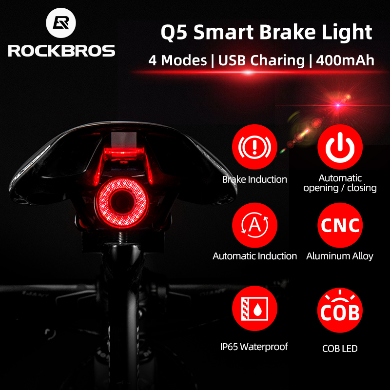 Rockbros sykkel smart auto bremsesensor lys ipx 6 vanntett led lading sykling baklykt sykkel baklys tilbehør  q5
