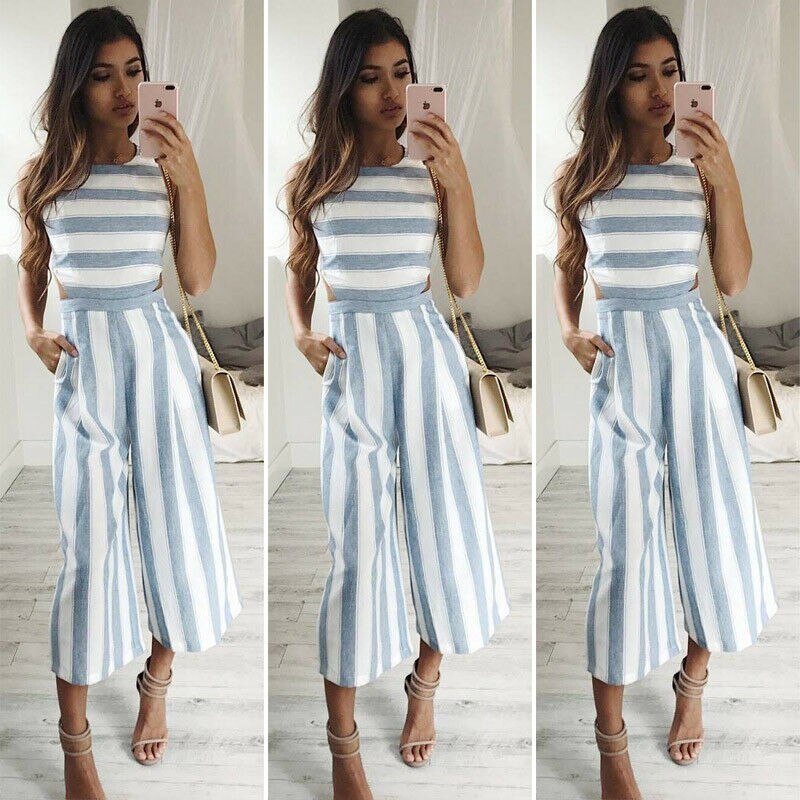 Zomer Vrouwen Clubwear Speelpakje Bodysuit Party Jumpsuit Romper Chiffon Lange Broek Casual Gestreepte Mouwloze Dame Set