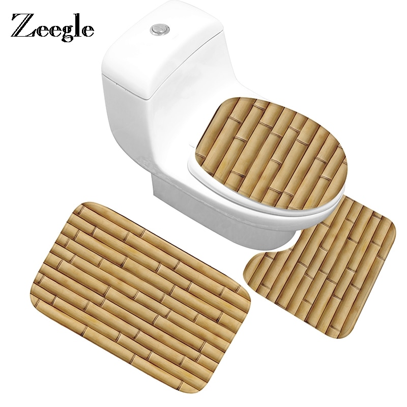 Bamboe bedrukte badmattenset, flanellen toiletbrilhoes, antislip badmat, badmat, wasbare douchevloermat