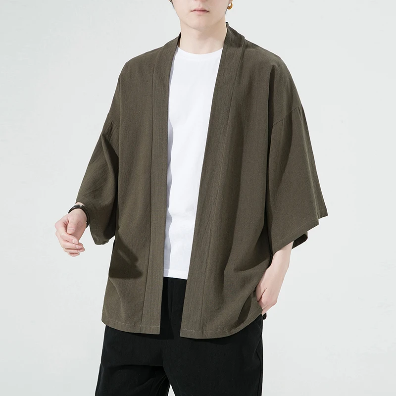 Cárdigan tipo kimono japonés de para hombre, cárdigan holgado de lino y algodón con manga 3/4, chaqueta informal de verano: S / Castaño
