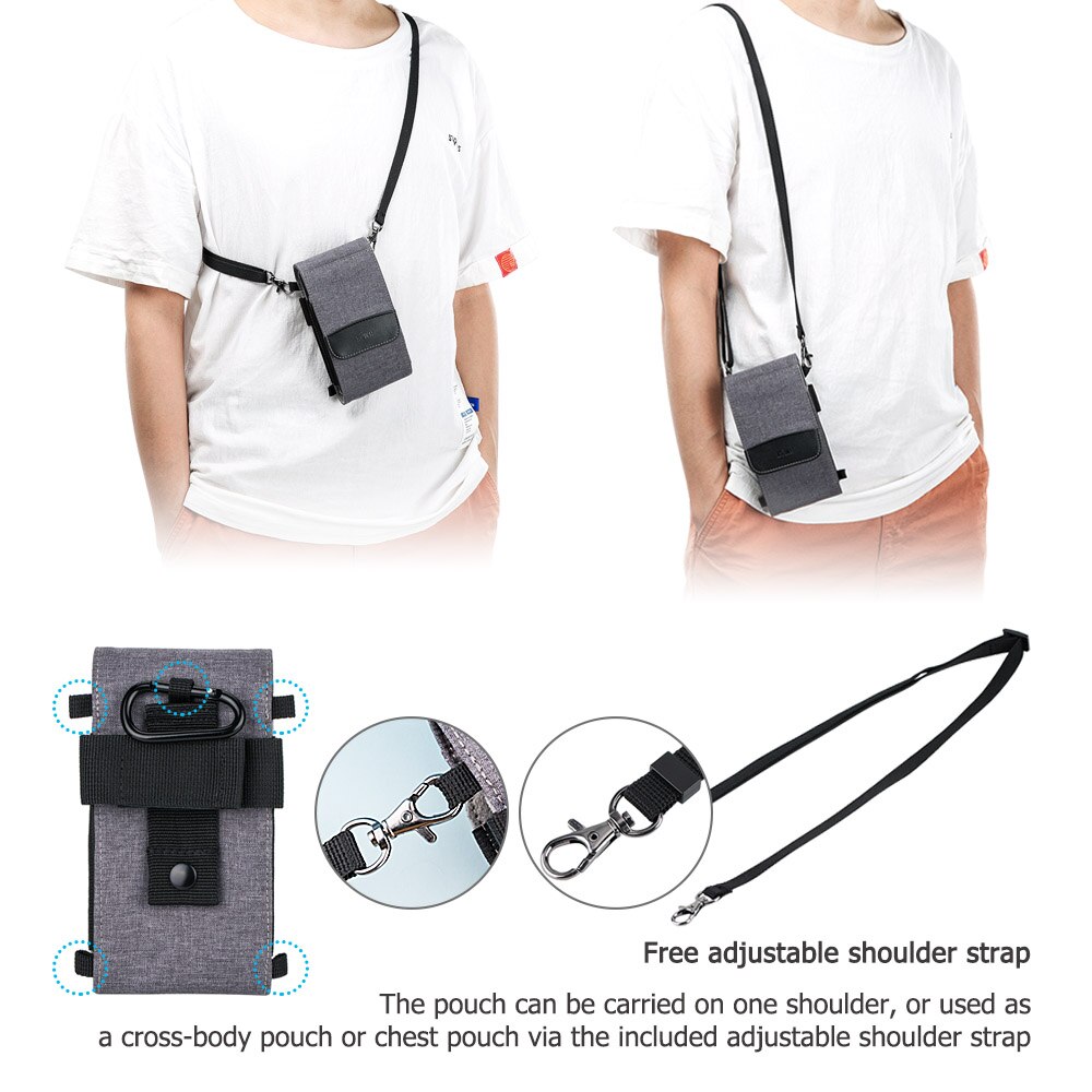 Dual-layer Durable Smart Phone Pouch Case Photo Bag for Power Bank Credit Card or ID Card with Carabiner and Shoulder Strap