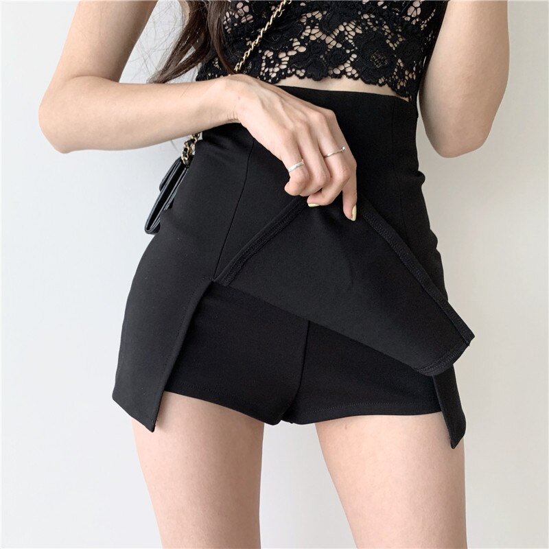 Jupe courte fendue sexy pour femmes, tenue de bureau, imbibée, mini pantalon trapèze noir, taille haute, jambes larges, été