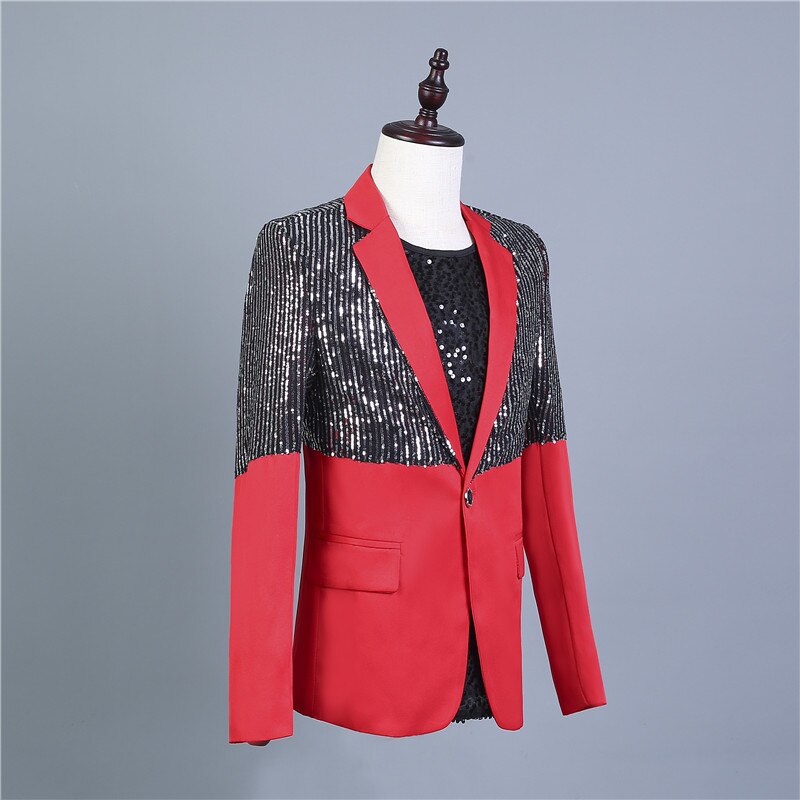 Réflecteur rouge noir épissage Costume veste hommes paillettes Blazers scène vêtements Bar discothèque DJ chanteur hôte Performance Costume