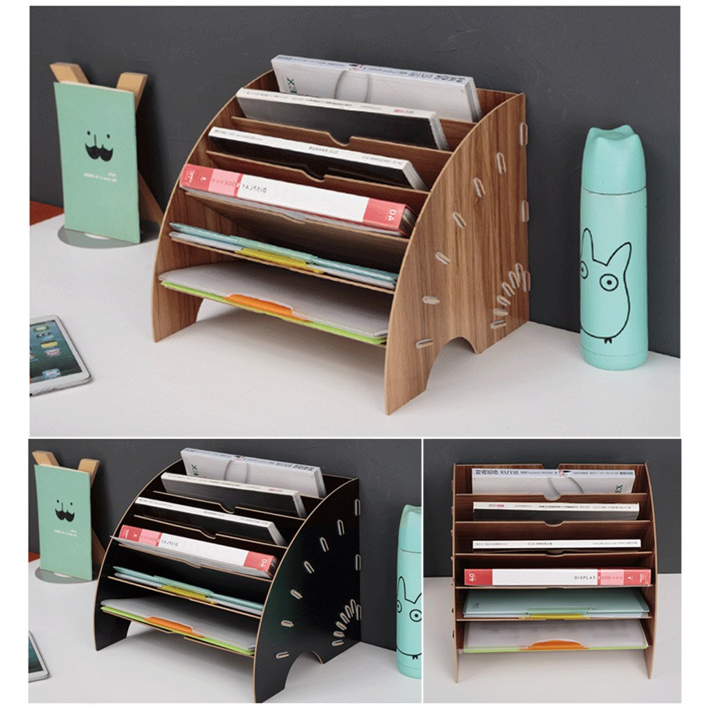 Fan-Shaped Wooden Desktop File Holder Office Desk Organizer DIY Document File Cabinet Multifunction Magazine Book Desk Shelf